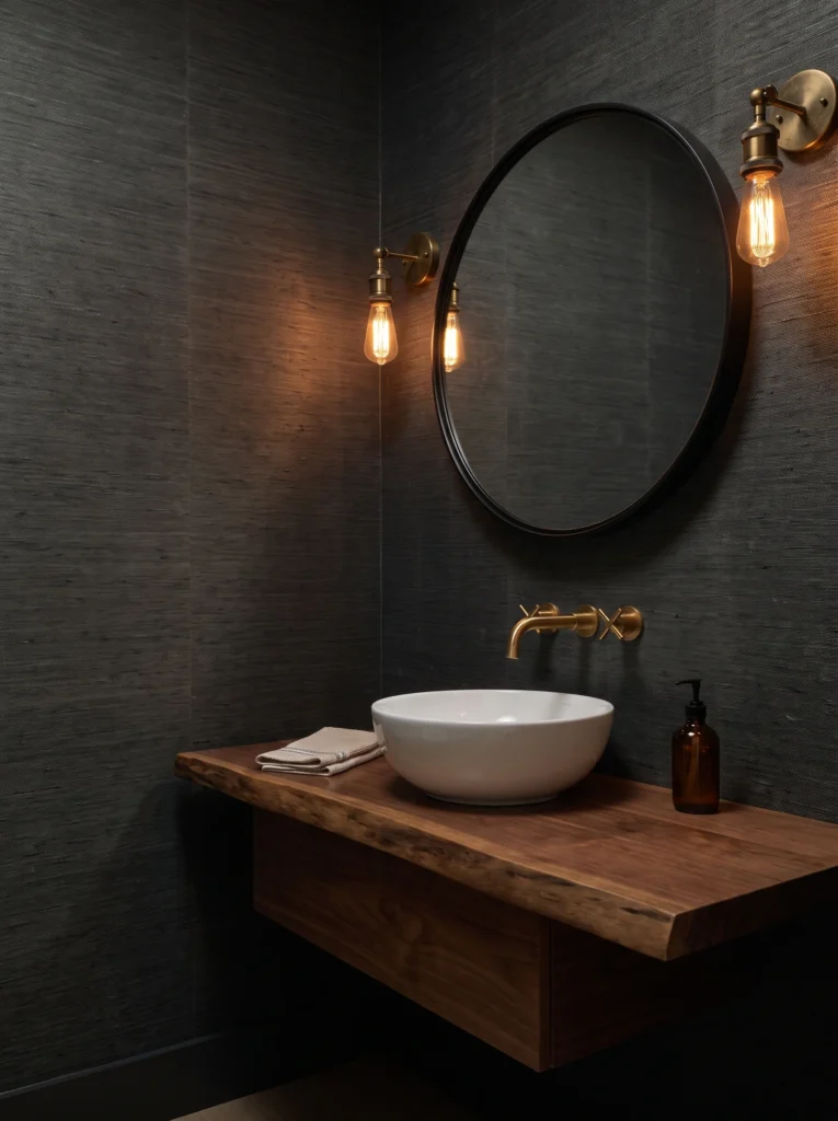 Dark grasscloth wallpaper with a round black mirror, brass Edison sconces and a live edge wood vanity
