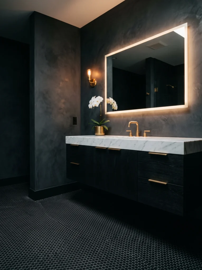 Dark bathroom with black limewashed walls, black oak floating vanity, white marble top, backlit LED mirror, brass faucet and black penny tile floor