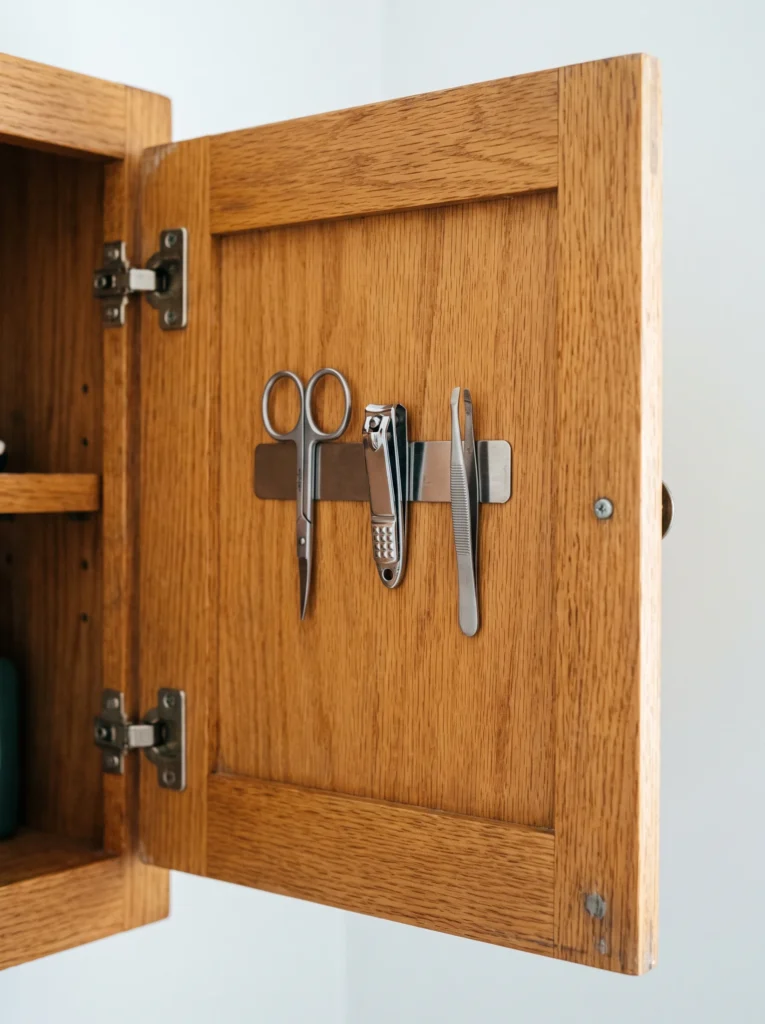 A magnetic strip inside an open oak medicine cabinet door holding small scissors, nail clippers, and tweezers