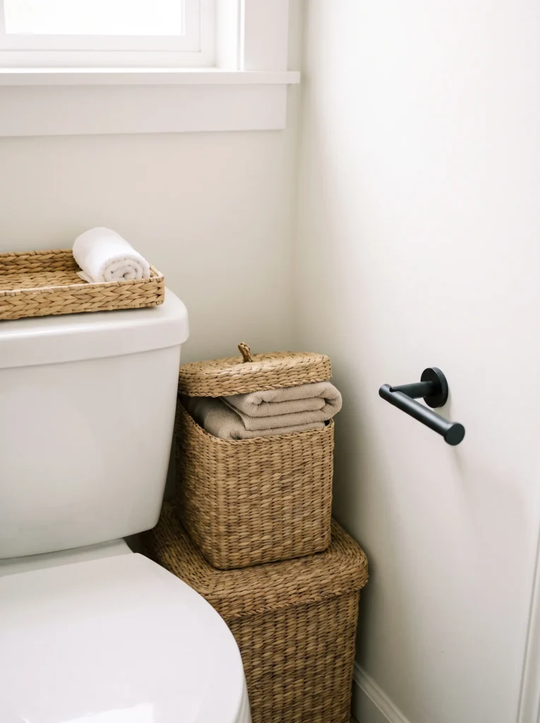 Two stacked lidded seagrass baskets beside a white toilet with folded taupe towels inside and a woven tray on the tank