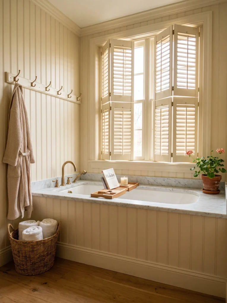 cream beadboard bathroom with marble tub surround, plantation shutters, brass hook rail, and wooden bath caddy