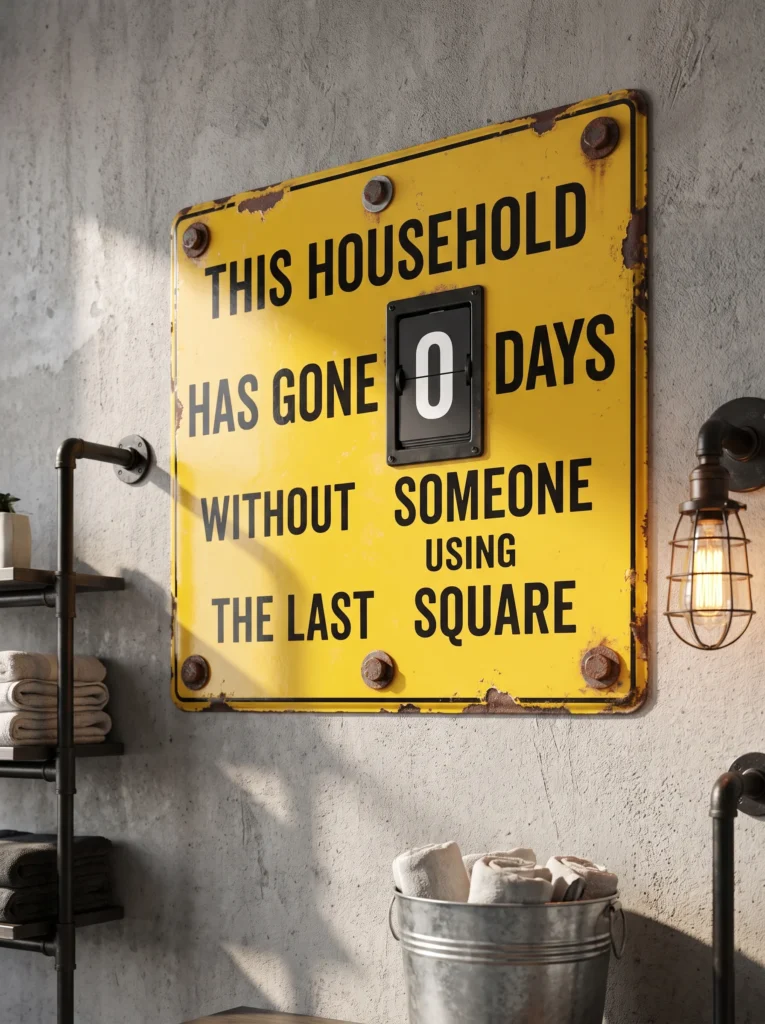 Yellow industrial safety sign with a flip counter reading this household has gone zero days without someone using the last square