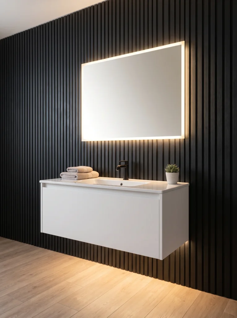 Black vertical slat wall panels behind a white floating vanity and a backlit rectangular mirror