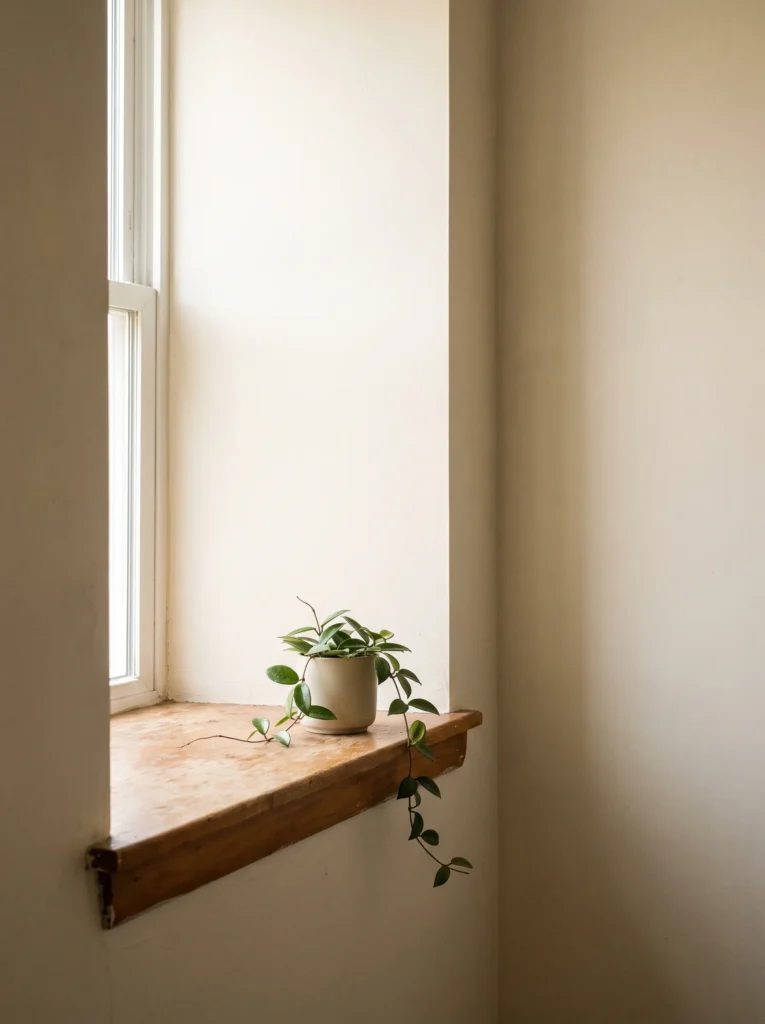 A trailing hoya plant in a cream ceramic pot on a bare wooden window ledge in a plaster-walled bathroom