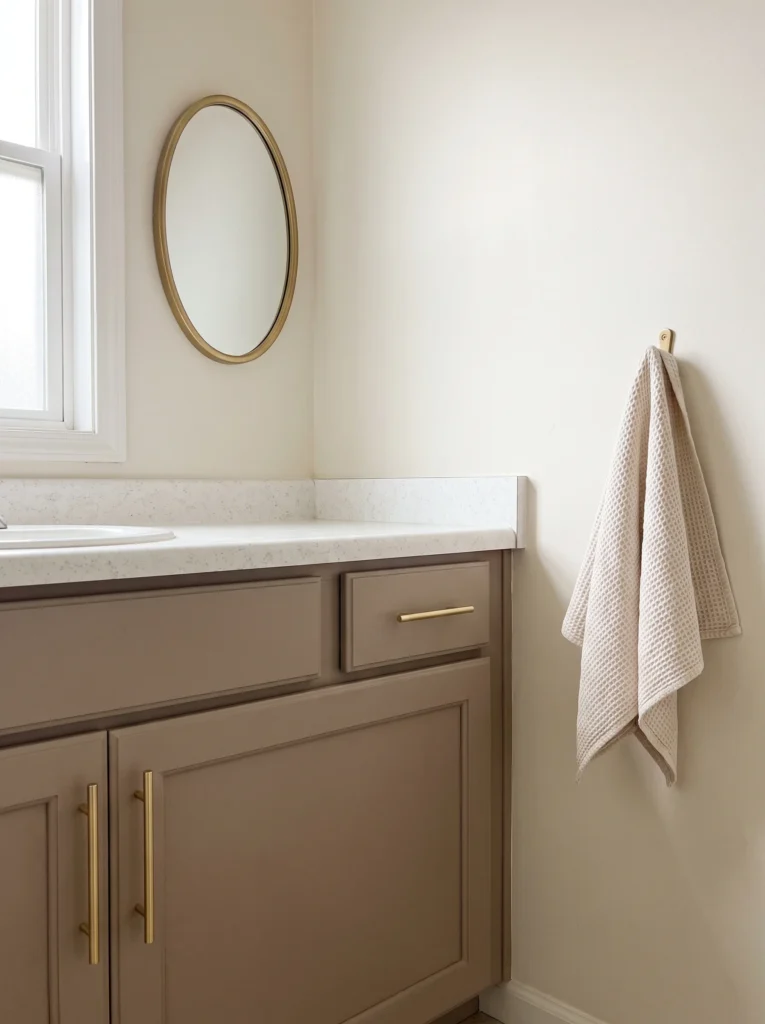 Bathroom vanity painted warm mushroom brown with slim brass bar pulls, white speckled quartz counter, oval brass mirror and a cream waffle towel on a hook