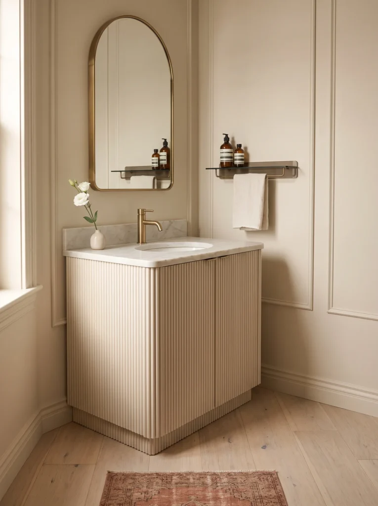 fluted cream vanity with marble top, arched brass mirror, glass shelf, and faded terracotta runner