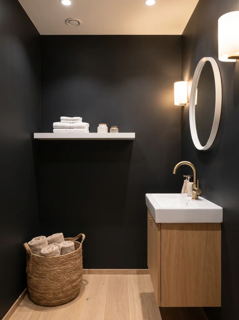 Charcoal painted bathroom with a slim white oak vanity, round white mirror and a jute basket