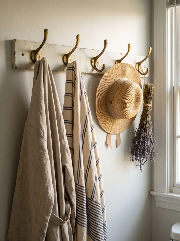  Salvaged white painted board with five aged brass double hooks holding a linen robe, striped towel, straw sun hat, and a bundle of dried lavender