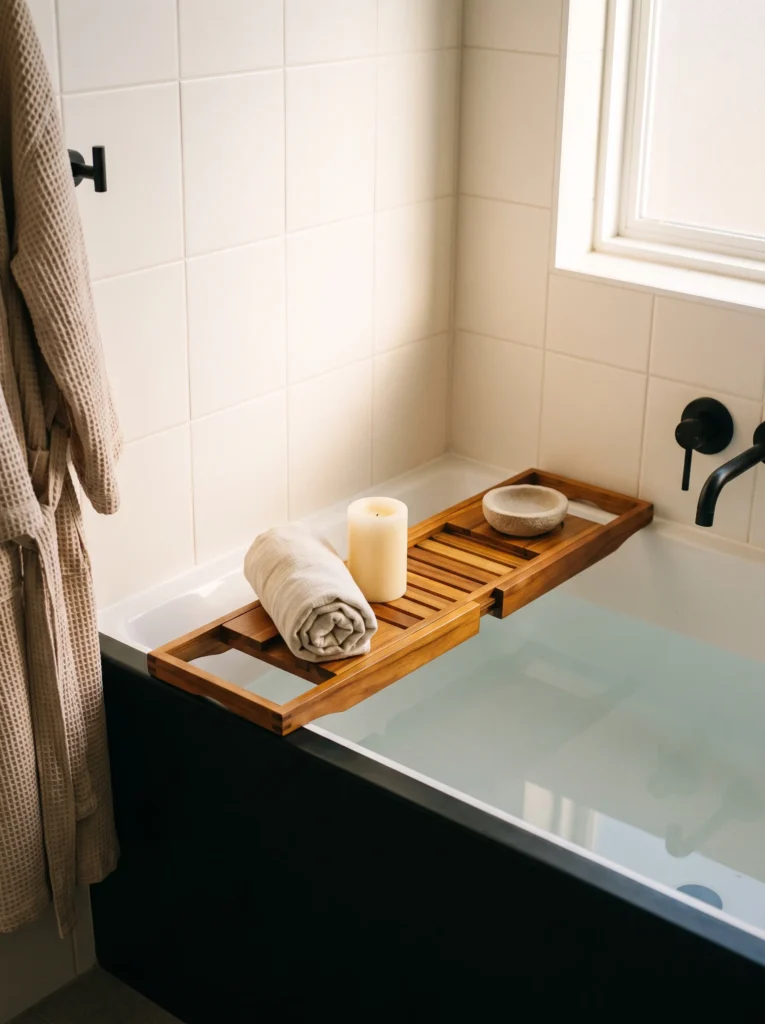 Teak bath caddy tray across a white tub with a black side panel, holding a rolled cream towel, a pillar candle and a stone dish