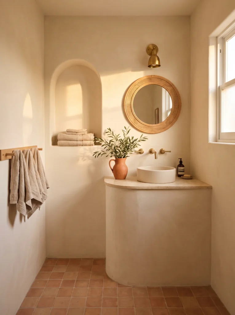  plaster powder room with arched wall niche holding folded towels, round rattan mirror, and terracotta floor tiles