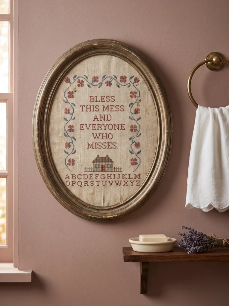 Antique style cross stitch sampler in an oval silver frame reading bless this mess and everyone who misses on a dusty pink wall