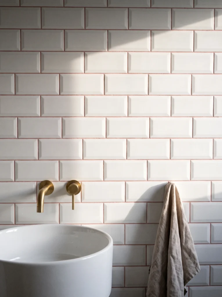 White beveled metro tile with pink grout lines, a brass wall-mounted tap, and a round white basin