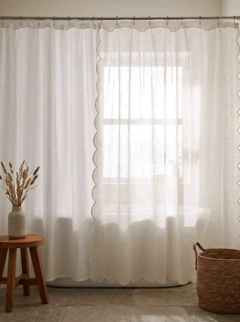 Sheer linen shower curtain with scalloped edge layered over a plain white liner on a chrome rod, with a wood stool holding dried grasses and a large woven basket