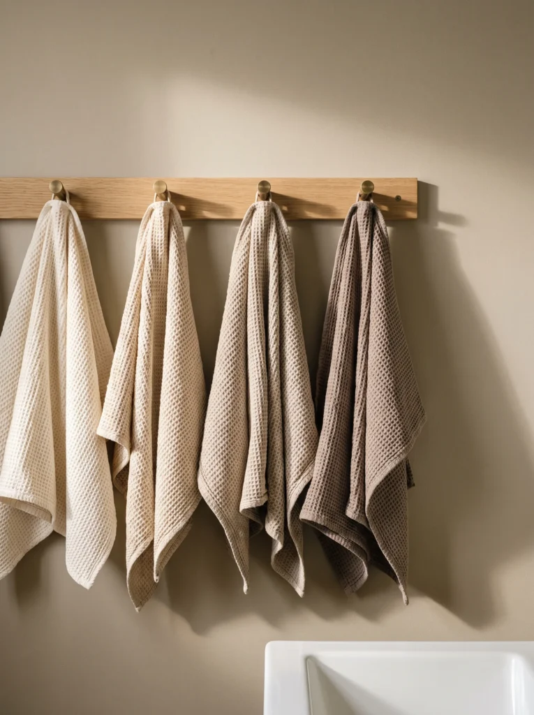 Oak peg rail with four brass Shaker style pegs holding waffle towels in cream, oat, beige and taupe against a putty wall