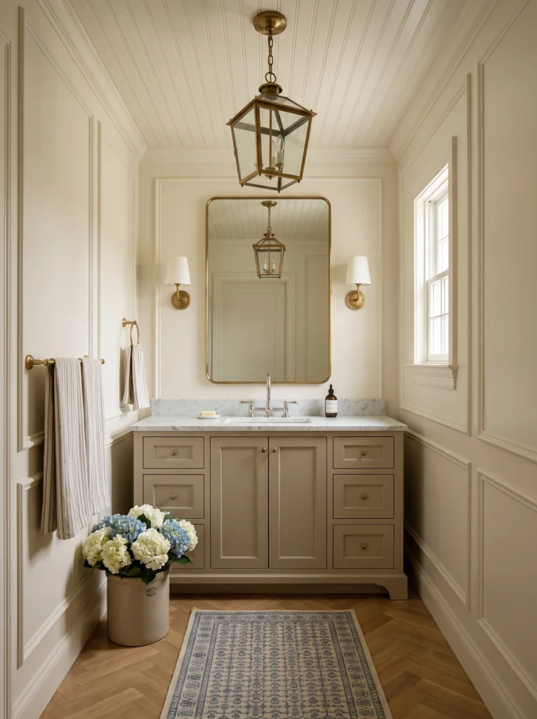 narrow paneled powder room with brass lantern pendant, taupe vanity, marble top, and herringbone wood floor