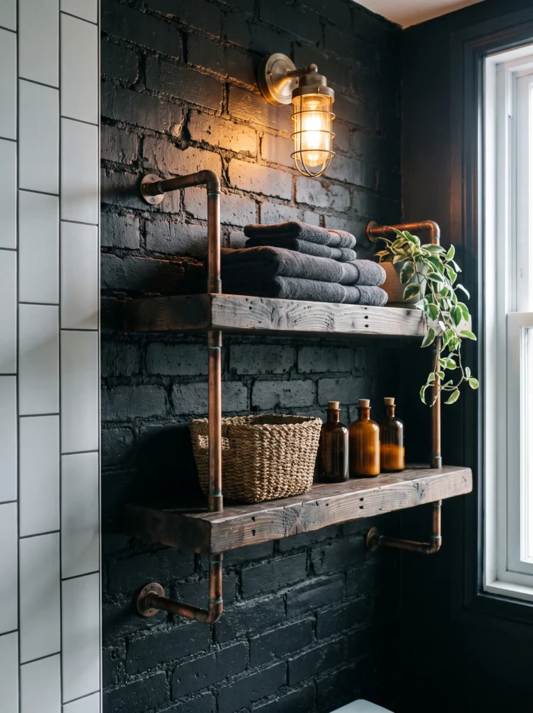Industrial bathroom corner with a black painted brick wall, copper pipe and reclaimed wood shelves, caged brass sconce, grey towels and amber bottles