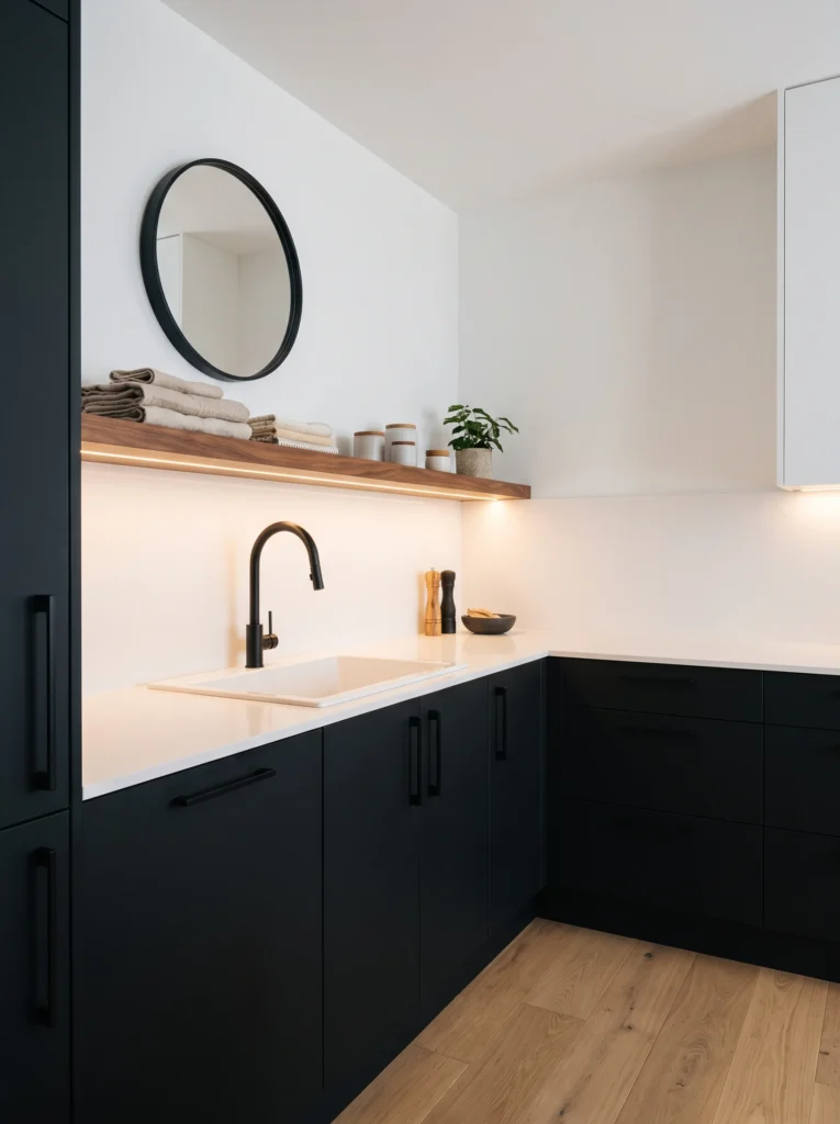 Matte black flat panel cabinets with a white quartz counter and an LED lit walnut floating shelf