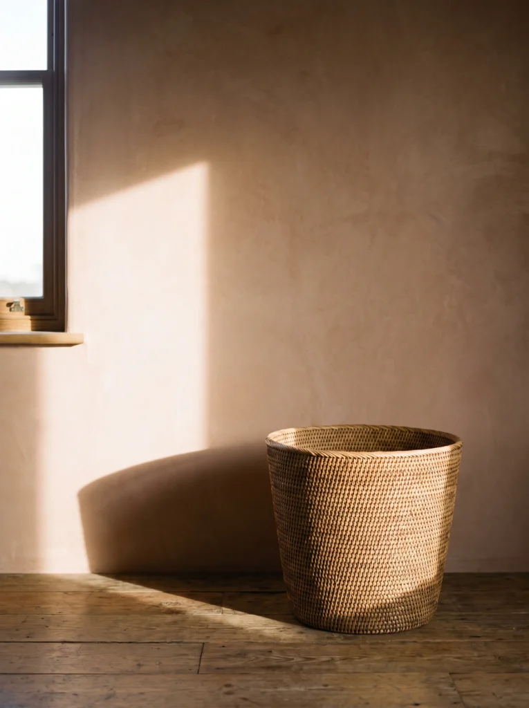 Round rattan laundry basket on a wooden floor beside a pink plaster wall and a small window