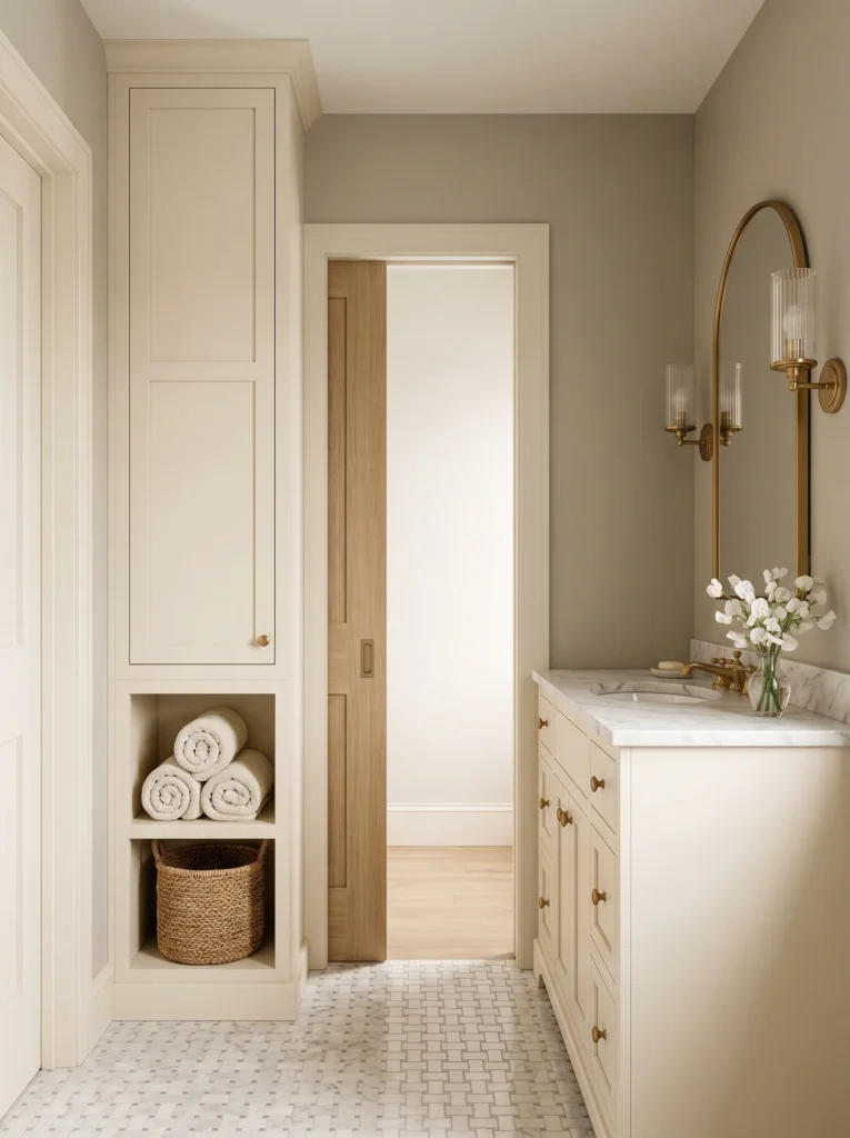 cream floor to ceiling bathroom linen cabinet with open cubbies, oak pocket door, and greige walls