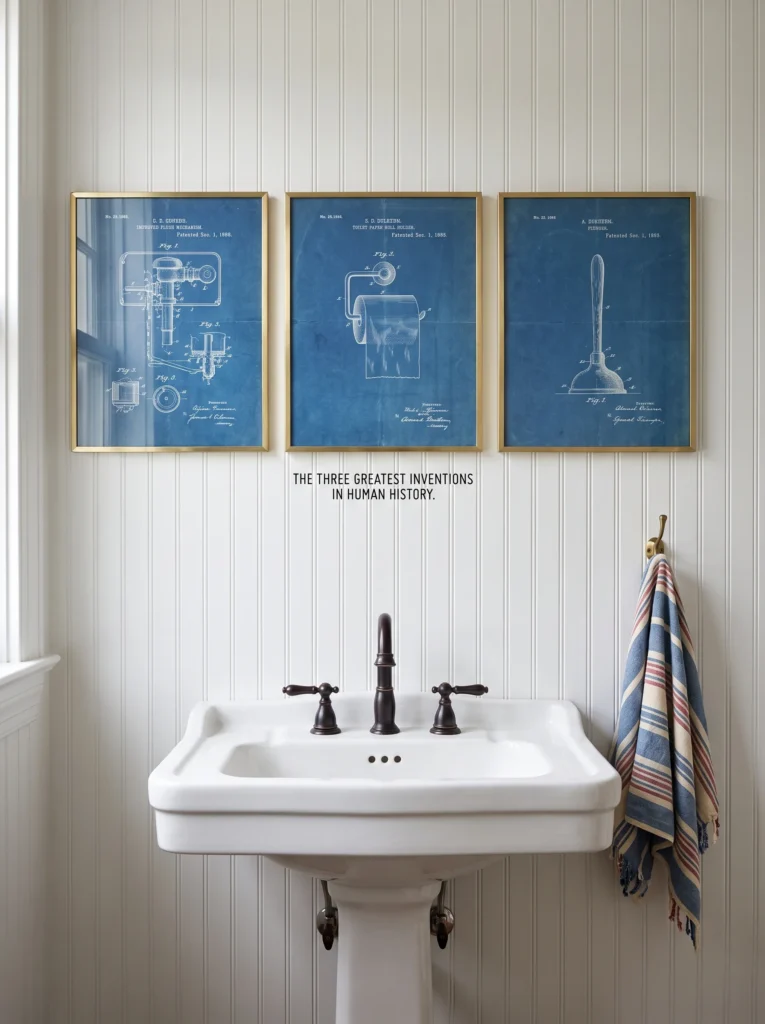 Three blue patent blueprint prints in gold frames above a pedestal sink with wall text reading the three greatest inventions in human history
