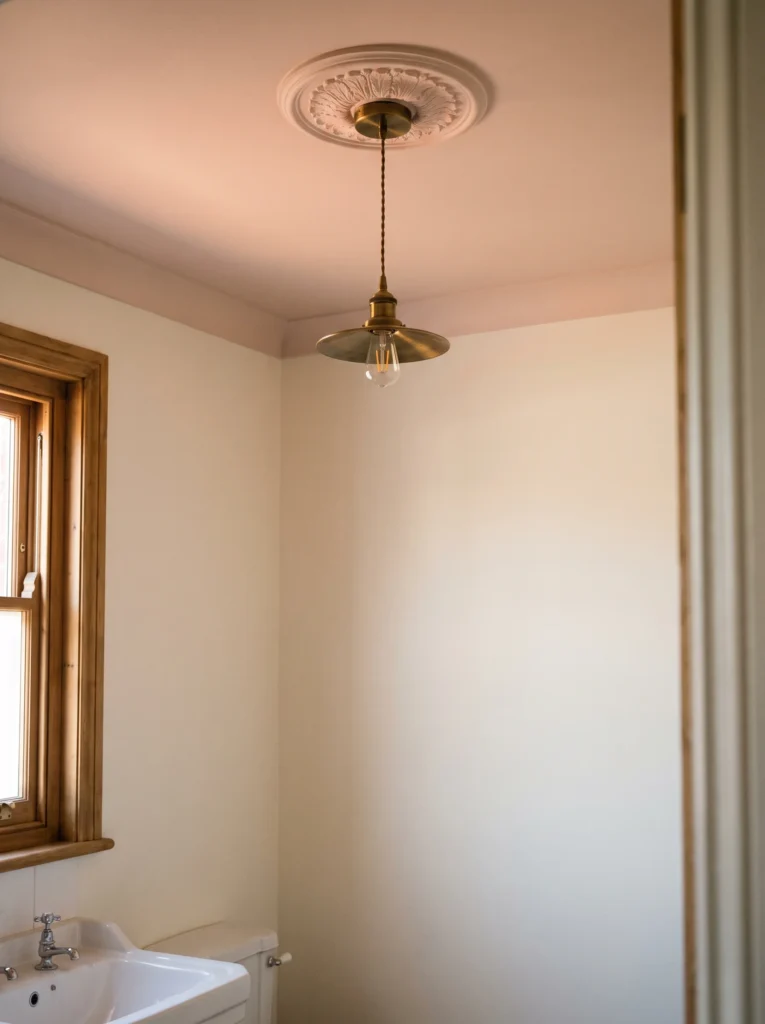 White bathroom with a pale pink painted ceiling, a decorative plaster ceiling rose, and a brass pendant light