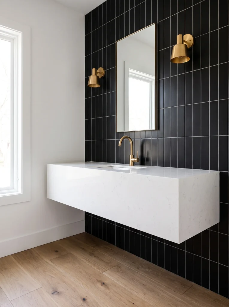 Black vertical stacked tile wall with a floating white quartz waterfall vanity and brass sconces
