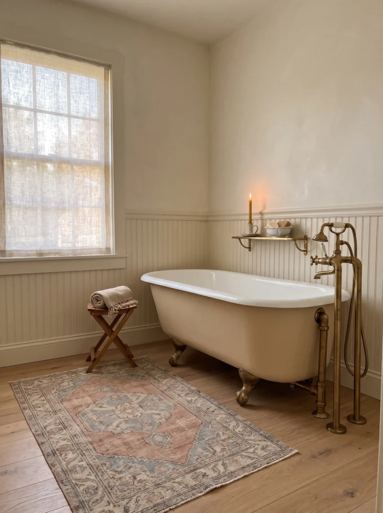 cream bathroom with clawfoot tub, beadboard wainscoting, brass floor mounted tub filler, and faded vintage rug