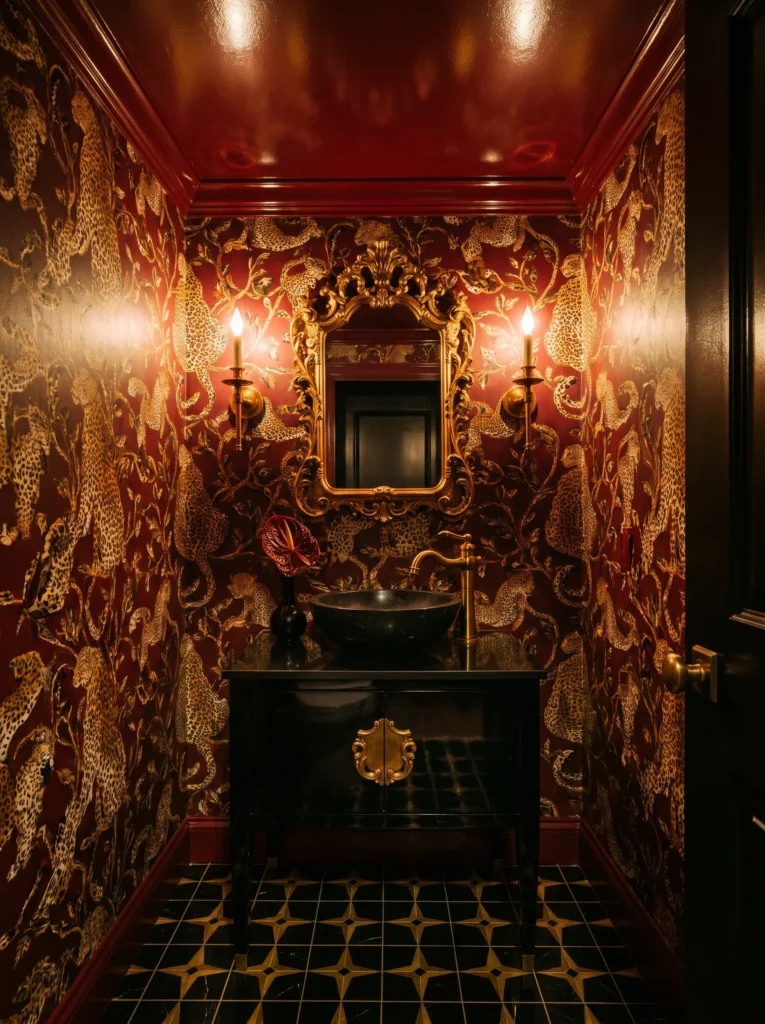 Dramatic powder room with red lacquered ceiling, gold leopard wallpaper, ornate gold mirror, brass candle sconces and black vanity with stone vessel sink
