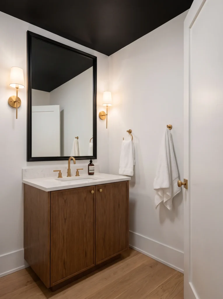 White bathroom with a black painted ceiling, wood vanity, black framed mirror and brass sconces