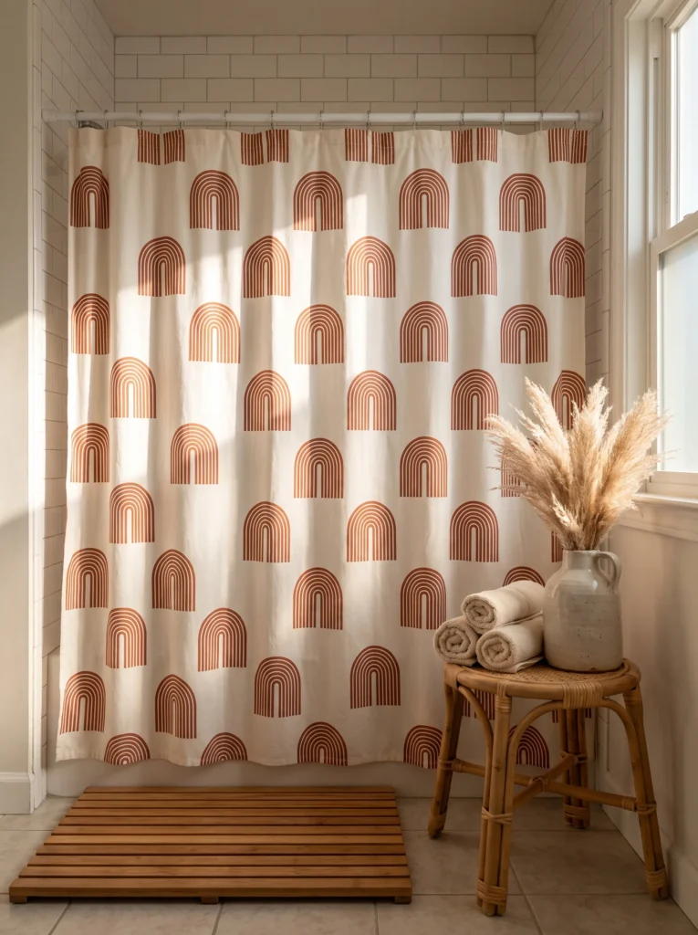 [image : Cream shower curtain with rust terracotta arch print hanging in a white subway tile shower, with a teak slat mat and rattan stool holding rolled towels]