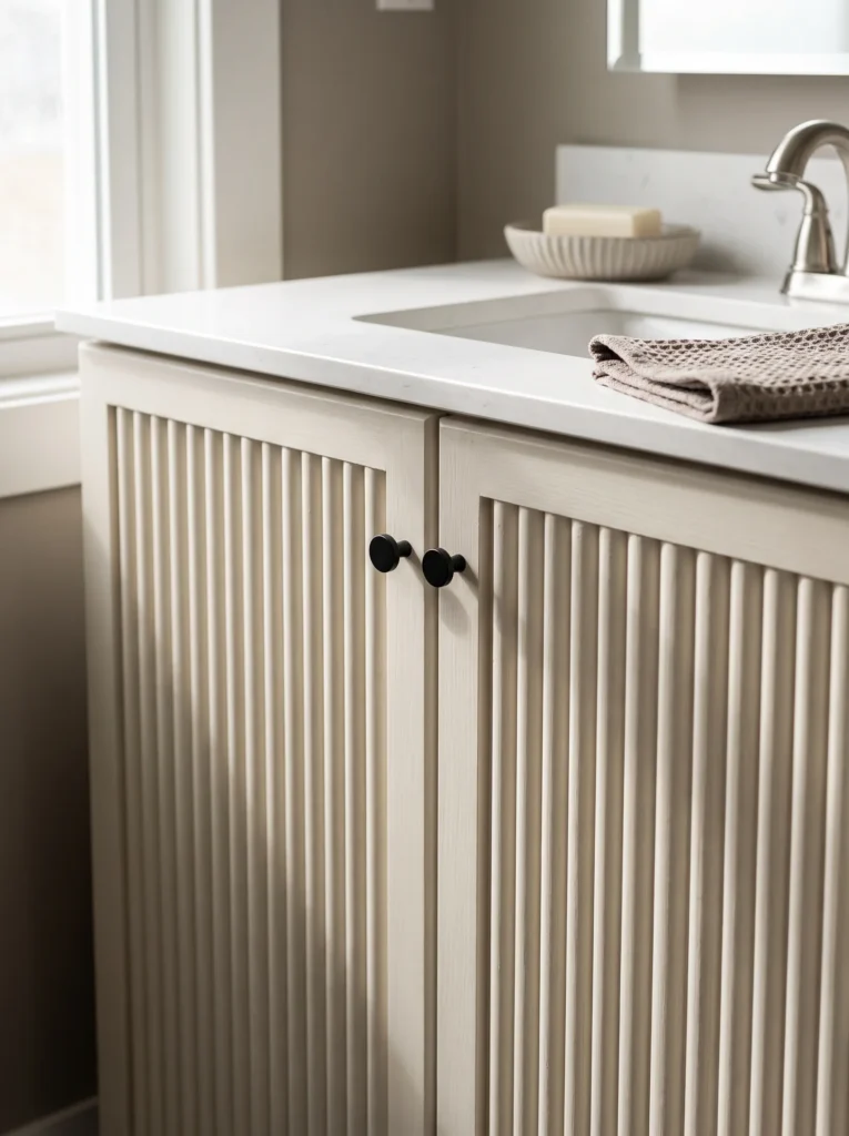 Close-up of a bone white bathroom vanity with fluted reeded cabinet doors, matte black round knobs, white quartz counter and a taupe waffle towel