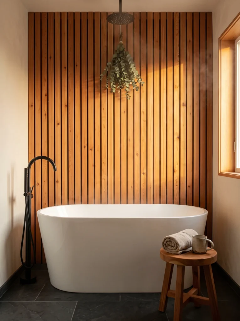Freestanding white soaking tub in front of a vertical cedar slat wall with a black rain shower head, eucalyptus bundle, slate floor and wooden stool