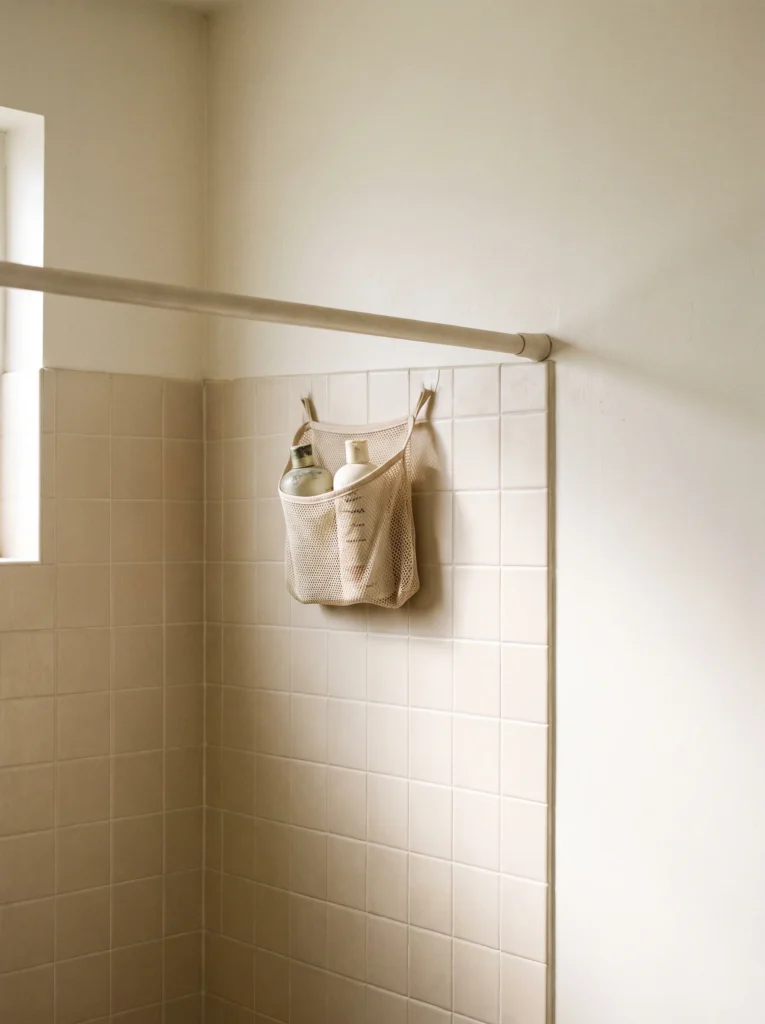A cream mesh caddy bag hanging from two hooks on beige tile inside a shower with a tension curtain rod above
