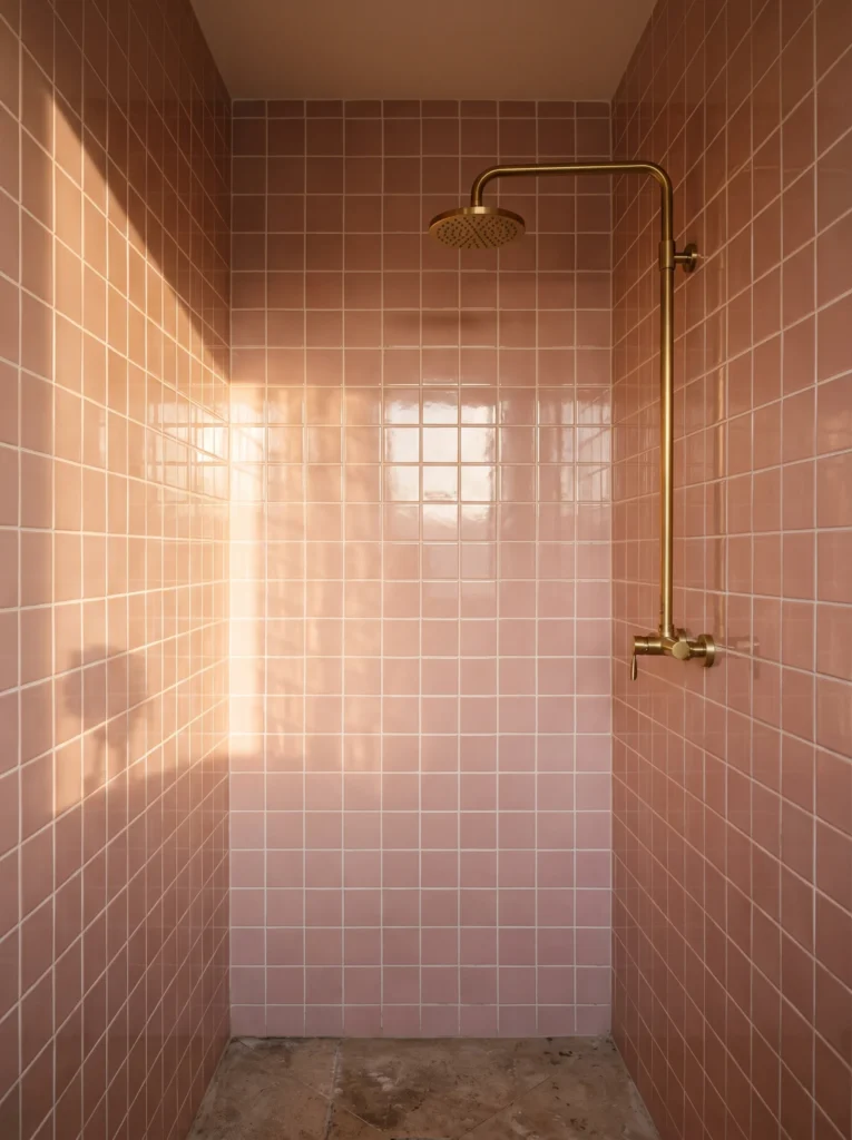 Walk-in shower fully tiled in glossy salmon pink square tiles with an exposed brass rainfall shower and stone floor