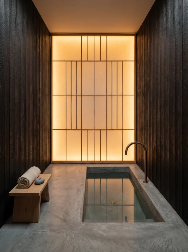 Minimalist grey concrete wet room with black rainfall shower, skylight and indoor zen rock garden with moss covered stones