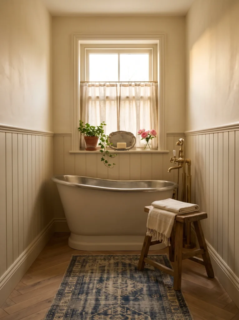 small polished nickel slipper tub in a cream beadboard bathroom with cafe curtain and blue vintage rug
