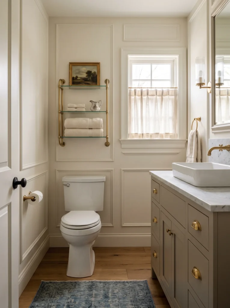 cream paneled bathroom with brass and glass shelving over the toilet, linen cafe curtain, and vessel sink on taupe vanity