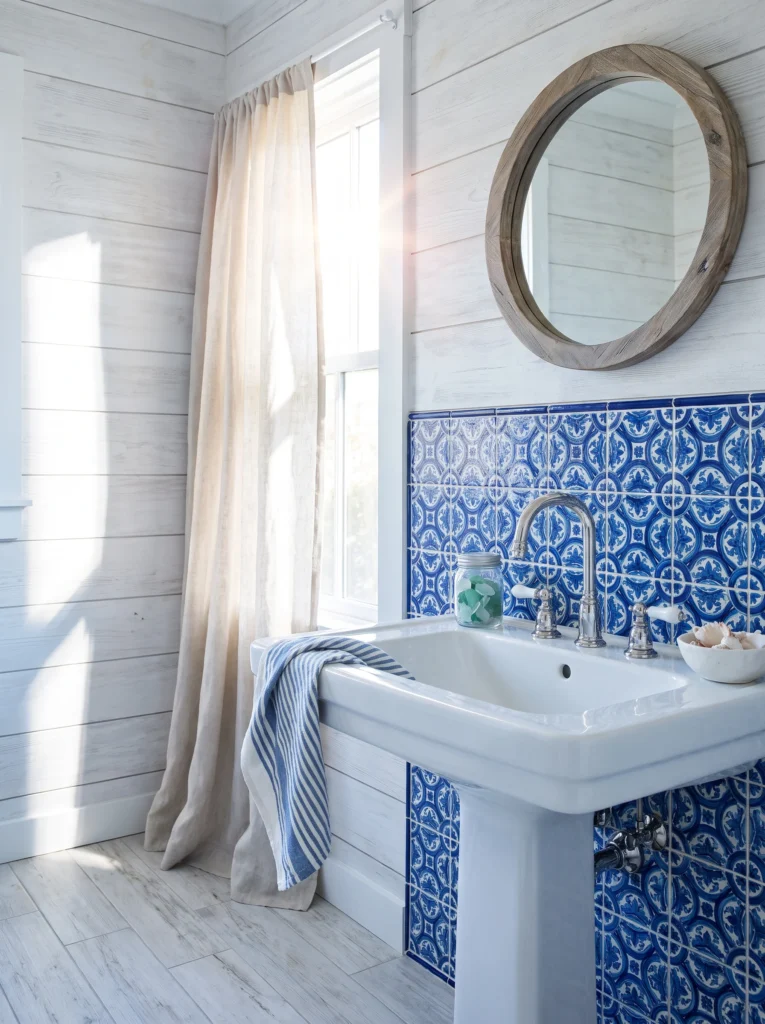Coastal bathroom with whitewashed shiplap walls, blue and white patterned tile backsplash, white pedestal sink, round driftwood mirror and sea glass jar