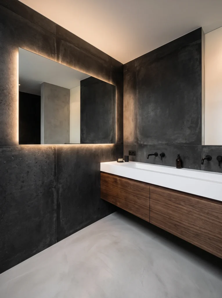 Dark concrete look wall panels with a recessed backlit mirror and a walnut floating double vanity