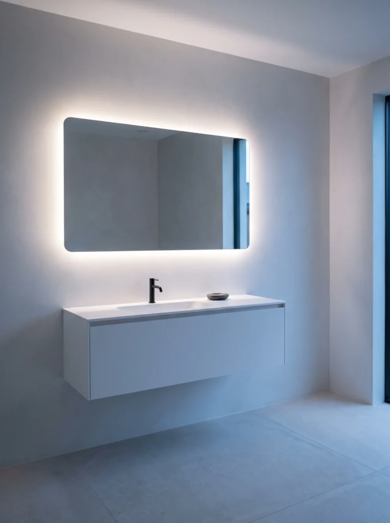 Minimalist white bathroom with a floating white vanity, integrated basin, black faucet and a large backlit rectangular mirror glowing against a plaster wall