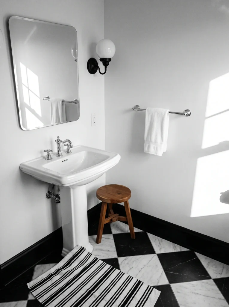 Black and white checkerboard marble floor bathroom with a white pedestal sink, chrome faucet, rounded rectangular mirror, globe sconce and wooden stool