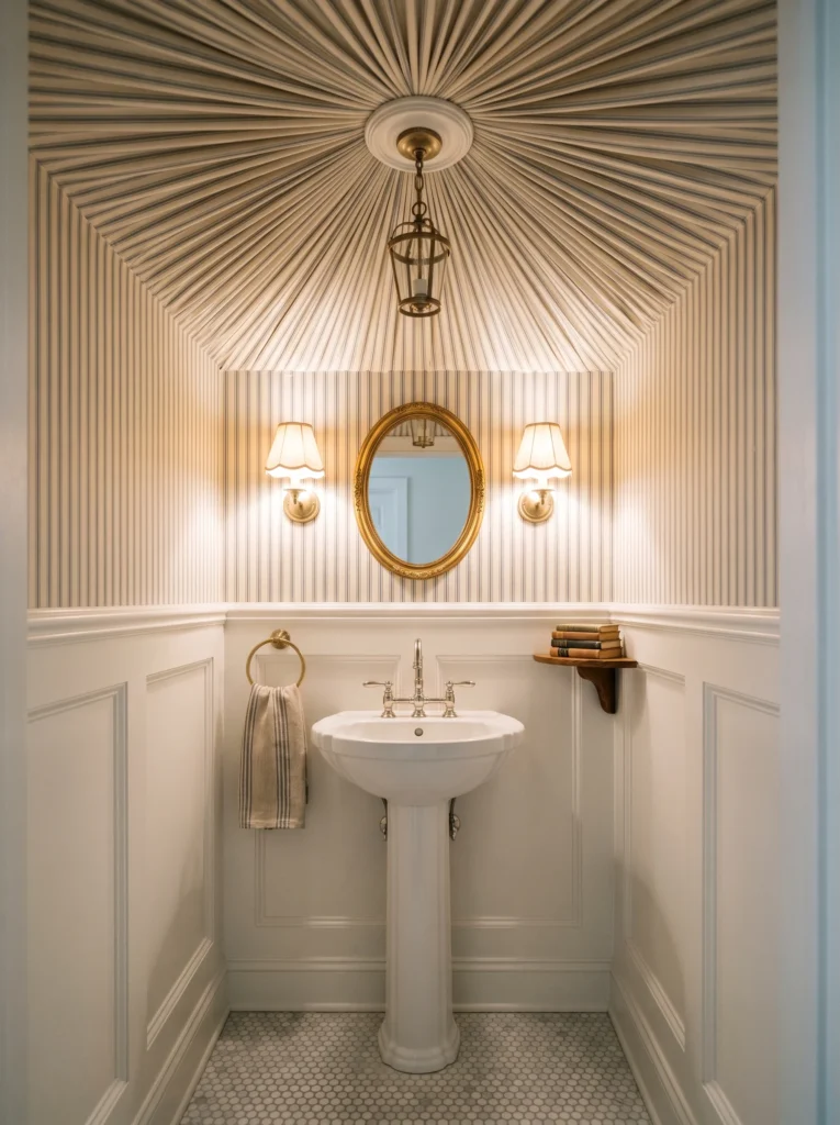 small powder room with striped fabric tented ceiling, oval gilt mirror, pedestal sink, and scalloped sconces