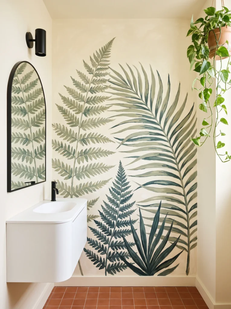 Cream bathroom with a hand-painted fern and palm leaf mural, white curved floating vanity, black arched mirror and terracotta floor tiles