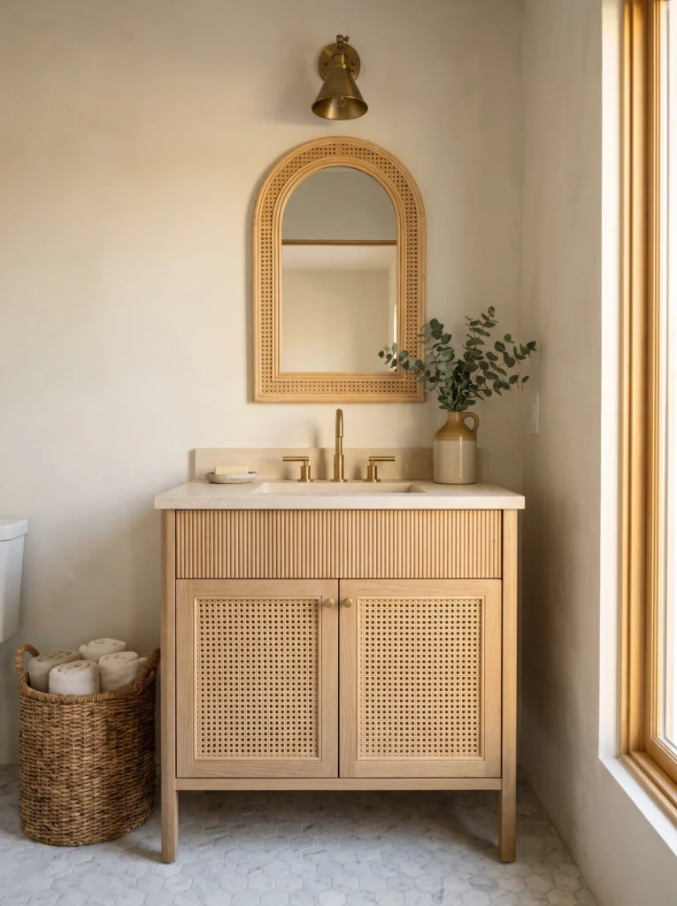 small Nancy Meyers bathroom with light oak vanity, cane cabinet doors, arched cane mirror, and marble hex tile floor