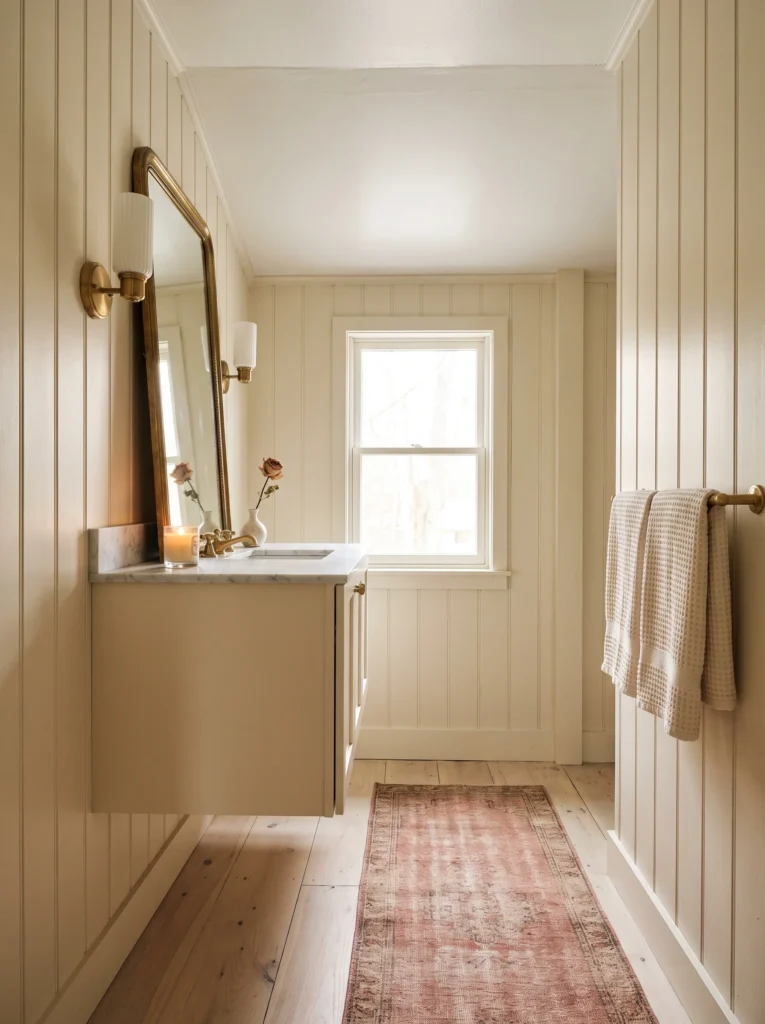  narrow cream galley bathroom with vertical shiplap walls, floating vanity, brass mirror, and faded pink runner