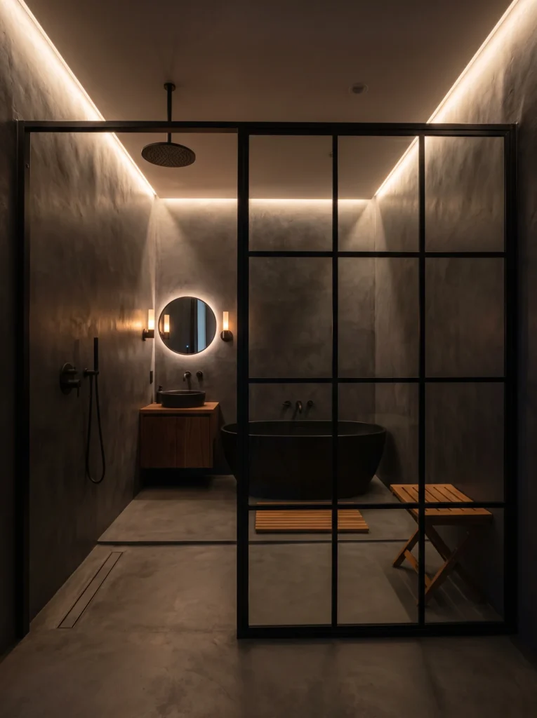 Dark charcoal micro cement wet room with black steel grid glass partition, ceiling rain shower, black freestanding tub, and warm cove lighting