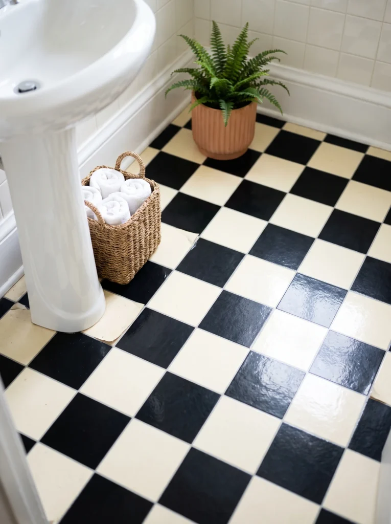 Black and cream checkerboard vinyl floor in a small bathroom with a white pedestal sink, seagrass basket of rolled towels, and a fern in a fluted terracotta pot