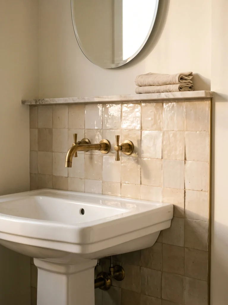 Cream zellige tile backsplash behind a white pedestal sink with unlacquered brass wall mount faucet and a marble ledge holding folded linen towels