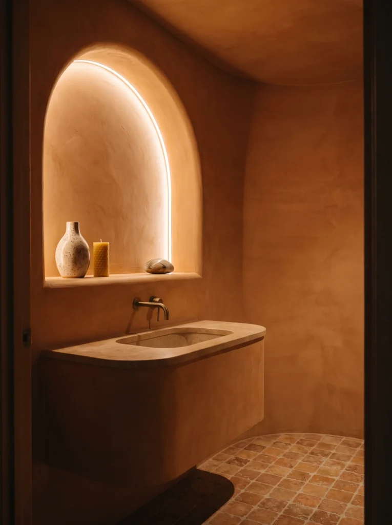 Terracotta plaster bathroom with a hidden-lit arched wall niche, floating stone sink and small square clay floor tiles