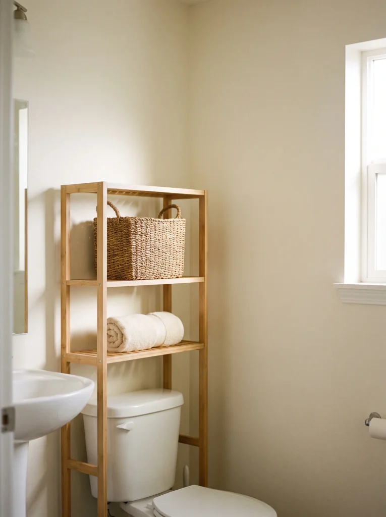 A bamboo over-the-toilet shelf unit holding a woven basket and a rolled white towel in a bright bathroom